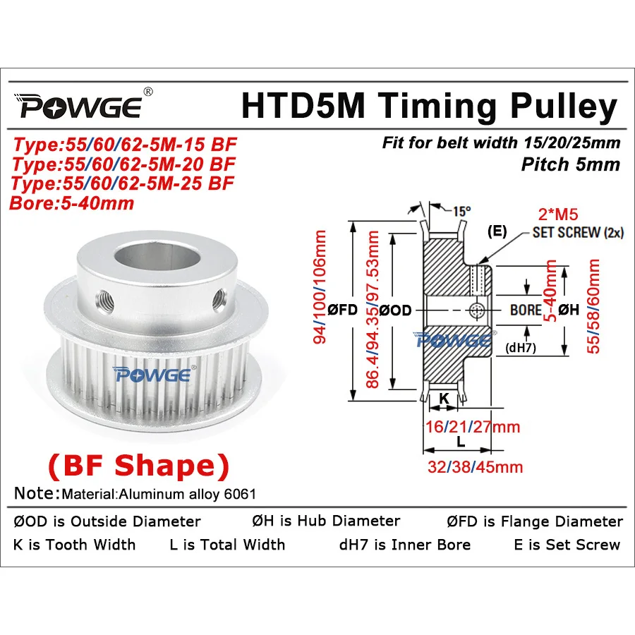 POWGE 55 60 62teeth HTD 5M Timing Pulley BF Bore 10/12/14/15/16/17/18/19/20/25/30/40 for HTD5M belt width 15/20/25mm 55T 60T 62T