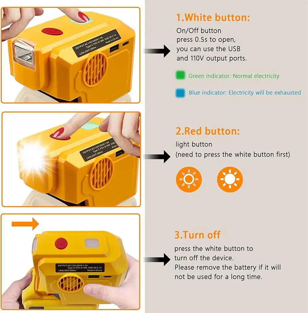 200W Portable Power Supply Inverter For Makita/Dewalt/Milwaukee 18V Lithium Battery With AC Outlet and USB Type-C LED Light