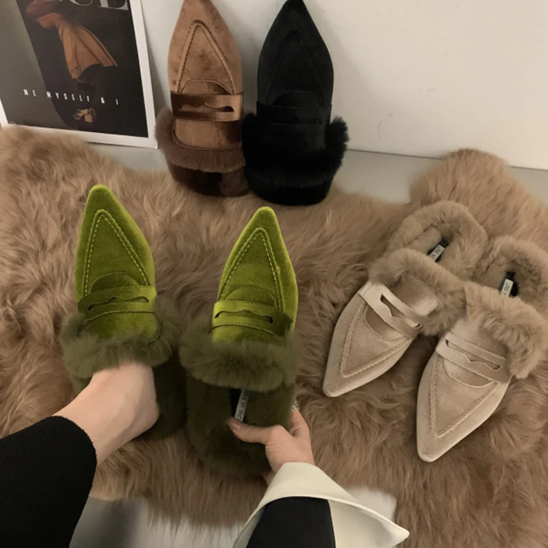 Women Luxury Velvet Mules  Pointy Toe Slip-on Fur Sandals Ladies Brand Design Outdoor Furry Slides Evening Party Heeled Shoes