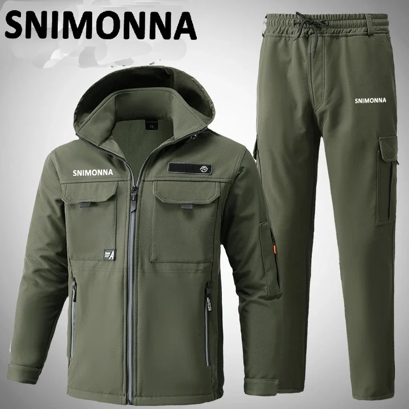 Men Winter Plus Velvet Thicken Fishing Suits, Outdoor Windproof Warm Hooded Jacket, Waterproof Tactical Pants, Ski Clothes