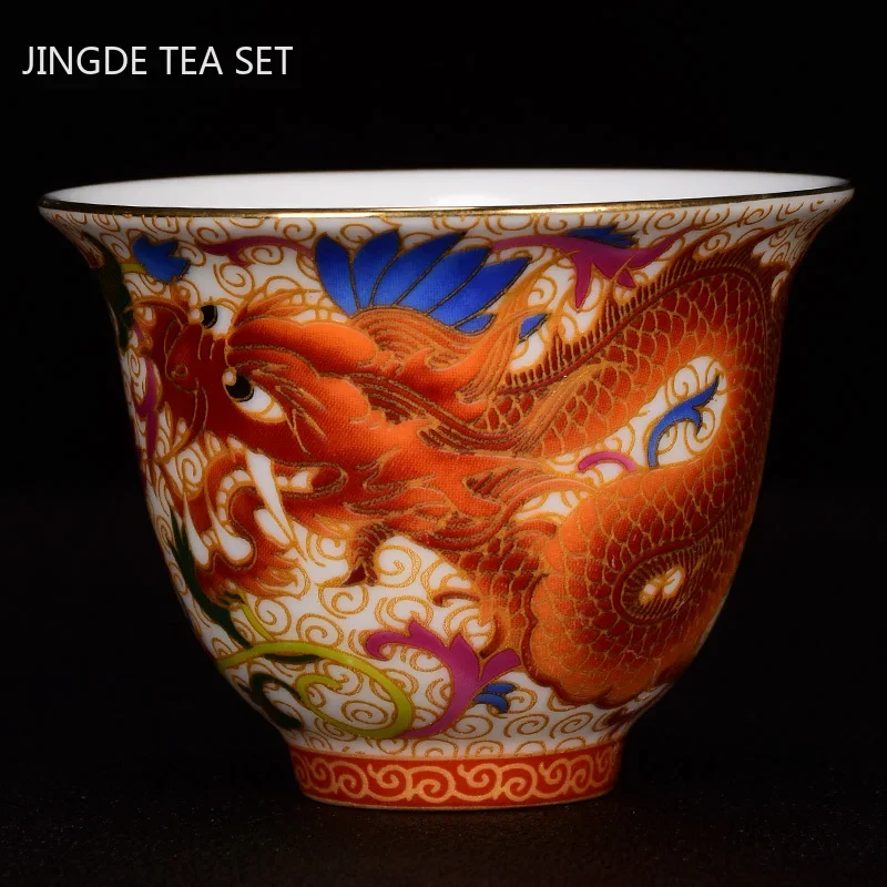 Chinese Handmade Porcelain Tea Cup Household Dragon and Phoenix Pattern Teacup Ceramic Master Cup Personal Tea Bowl Teaware