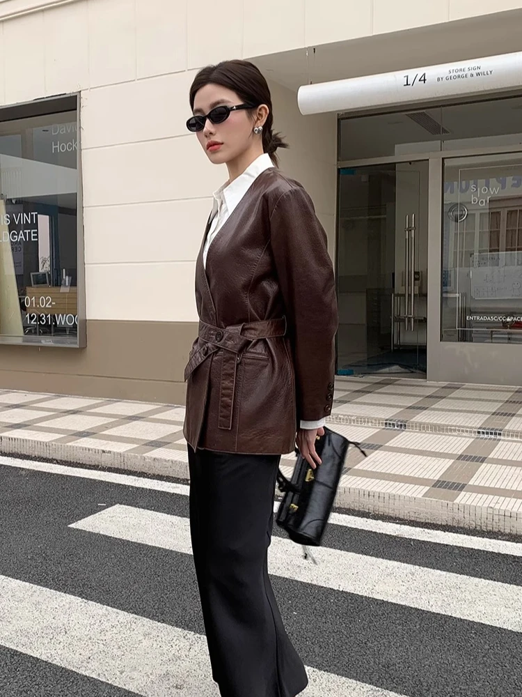 Slim V-neck Genuine Leather Blazer Jackets for Women Spring Autumn High-end Simple Soft Oil Wax Real Sheepskin Coat with Belt