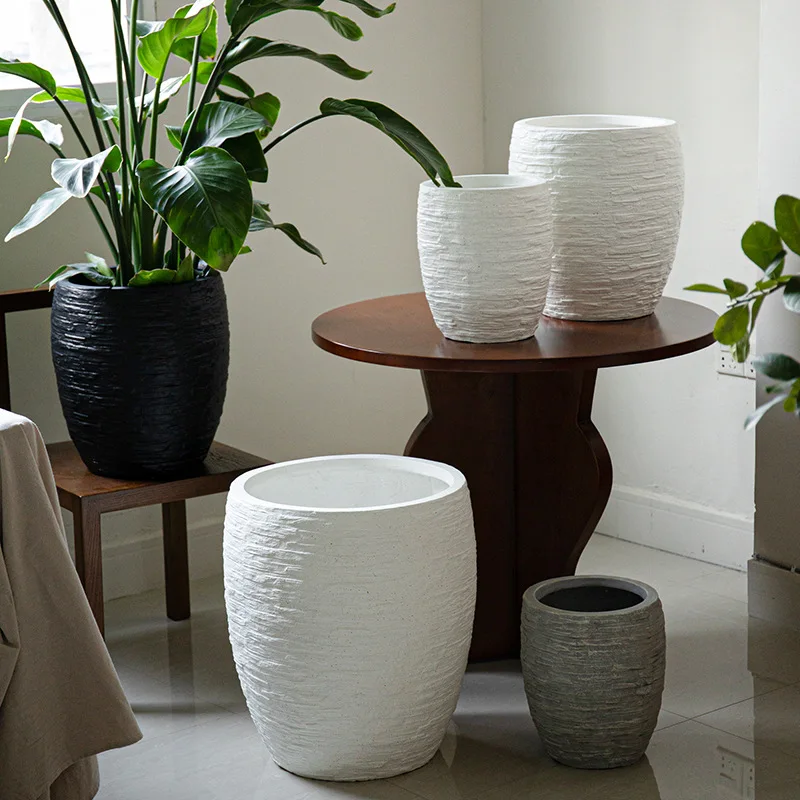 Nordic imitation stone pattern high diameter magnesia mud flower pot simple soft decoration living room balcony breathable floor