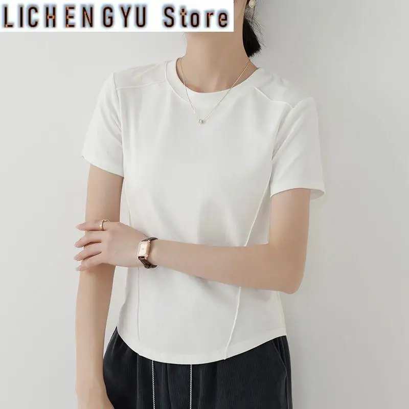

Black V-neck Slim Short-sleeved T-shirt Women's Irregular Hem Arc Design Top
