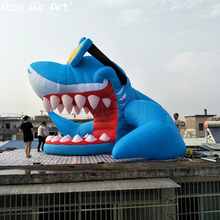 Giant Cool Shark Inflatable Stage With Sunglasses Blow Up Shark Performance Platform for Ocean Theme Party Event
