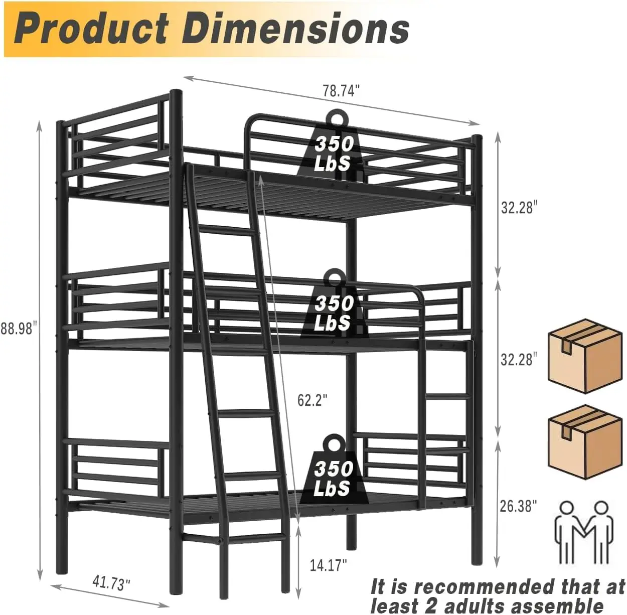 Metal Triple Bunk Bed Twin Over Twin Separates Into 3 Beds With Guardrail & Ladder Heavy Duty Frame Teens Adults, Customized