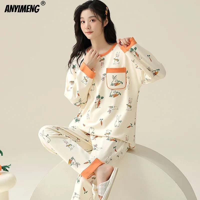 M-5XL Spring Autumn Long Sleeves Women Pajamas Comfy Cotton Pullover Sleepwear Korean Pijamas Girls Homewear Plus Size Nightwear