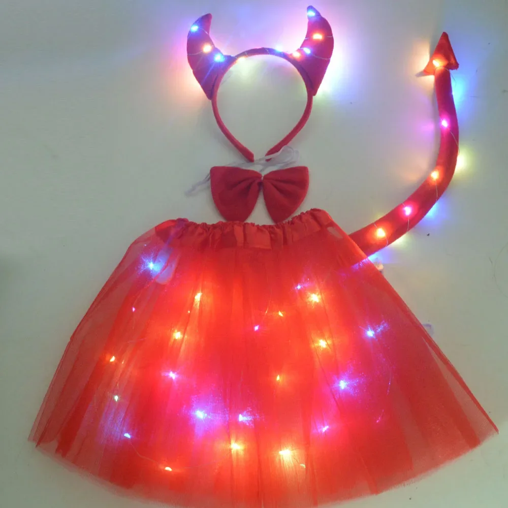 Dziewczęca spódniczka tutu z podświetleniem LED, zwierzęcy motyw żyrafy, diabła, demona, małpy, świecąca magiczna opaska na głowę, ogon, wiązanka, nakrycie głowy, Halloween, Navidad