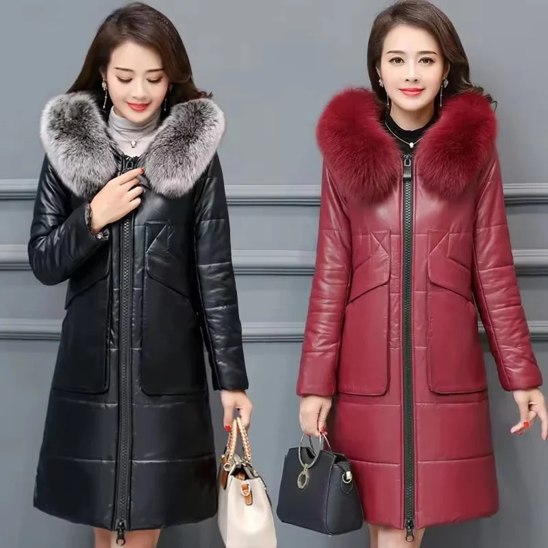 Winter Middle Aged Mother Large Size Faux Leather Outwear Female Leather Clothing Coat Ladies Fashion PU Leather Jacket 6XL