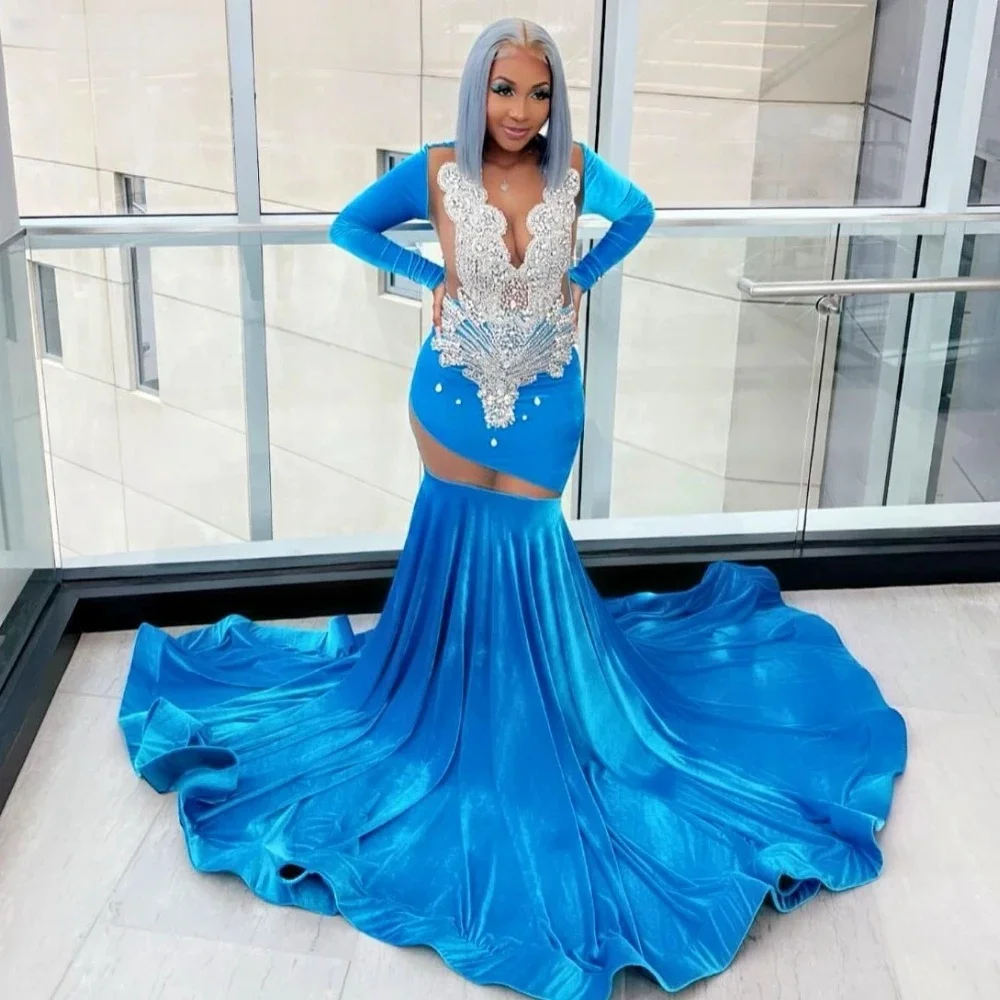 Long Sleeves African American Prom Dresses For Black Girls Mermaid Beaded Crystals Blue Robe De Soiree Evening Gown Customized