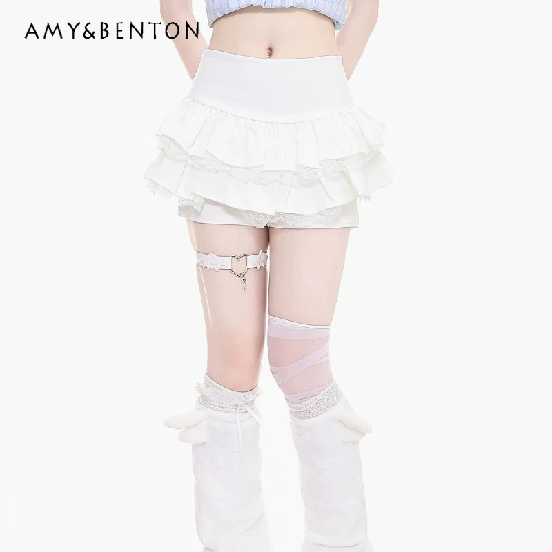 

High Waist Thin White Women's Cake Skirt Japanese Design 2026 Summer New Lace Splicing Versatile A-line Short Skirt Pants Ladies