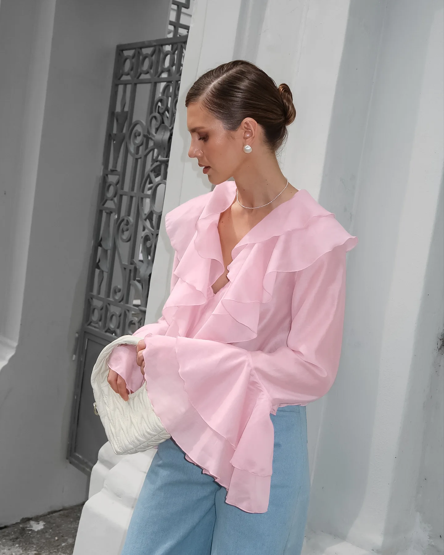 Camicia rosa dolce allentata Donna 2025 Camicie a maniche lunghe con scollo a V moda estiva Top Elegante camicetta con volant Fairycore Abbigliamento femminile