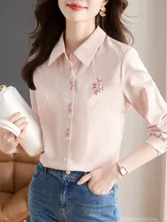 #3251 Pink Striped Shirts Slim Fit Cotton Embroidery Vintage Shirts Female Long Sleeve Single Breasted Womens Tops And Blouses