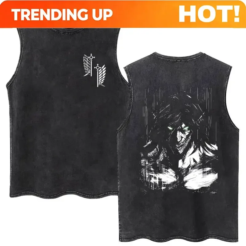 Customization Anime Attack On Titan Eren Jaeger Graphic Vintage Washed Tank Tops Men Manga Oversized Sleeveless T Shirt Men's Fa