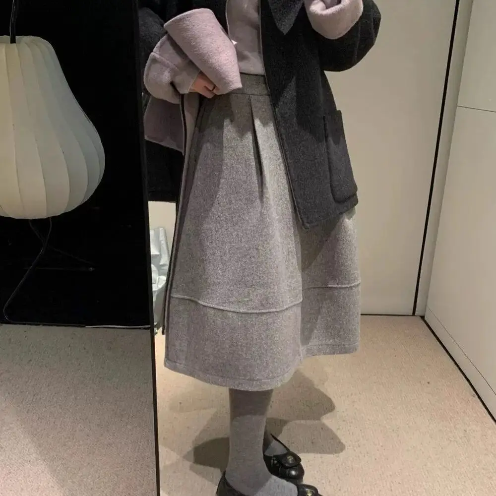 Ball Gown Wool-like Woolen Bud Skirts Winter Mid Skirt Preppy-style Vintage Women Girls Elegant Fashion Dress Dark Gray Elastic