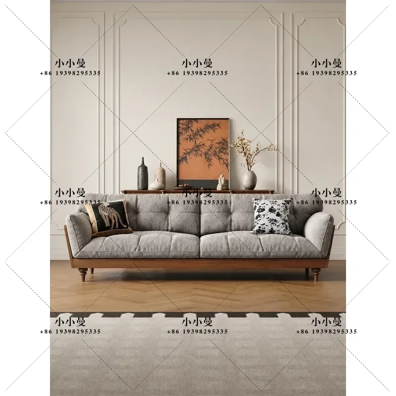Solid Wood Chenille Fabric Sofa Medium Antique Oak Style Soft Upholstered Straight Row Couch for Small Apartment Living Room