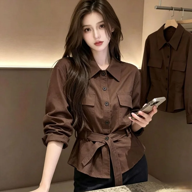 Brown Long Sleeve Button Down Shirt Women with Belt Waist Pockets Korean Style Casual Tops Spring Autumn Office Blouse