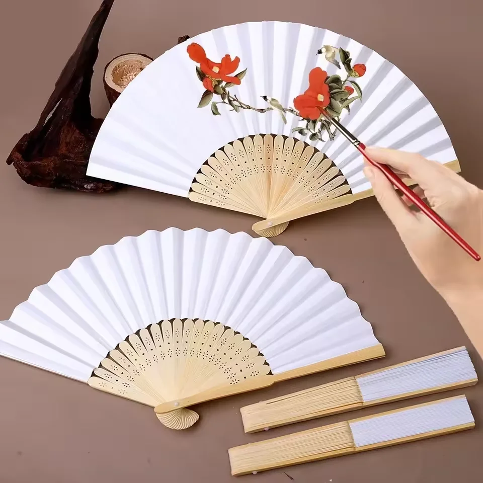 White Pink Chinese Folding Hand Fan 8 Inch Mini Bamboo Paper Fan for Wedding Cosplay Kids DIY Decoration Photography Props