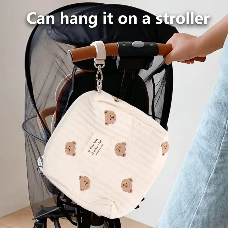 Borsa portaoggetti per carrello da viaggio Borsa per mamma ricamata stampata carina con cerniera Borsa portaoggetti per pannolini per neonato con bottone singolo