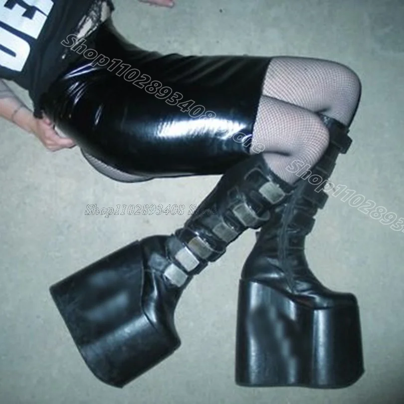 

Black Wedges Heels Knee Boots Round Toe Side Zipper New Stylish British Style Women Party Knee Boots 2025 Zapatos Para Mujere