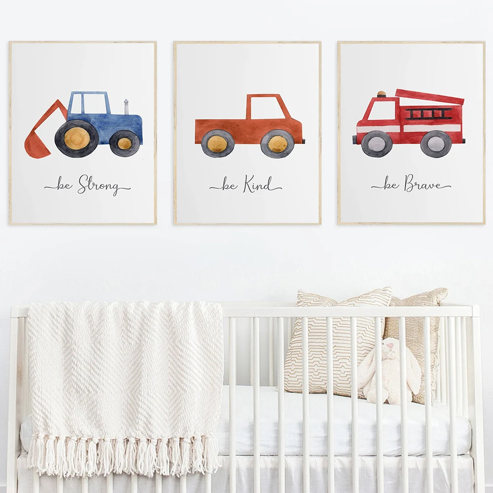 1pc (No frame),Cartoon Engineering Vehicle Aircraft Decorative Picture Poster Be Brave Be Strong Kindergarten Canvas Painting Wa