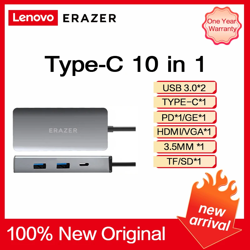 Erazer hub 10-in-1 Type-c USB 3.0 Hub Multi-Port Laptop Docking Station Type C to 4K HDMI VGA PD RJ45 100M Gigabit NIC Adapter