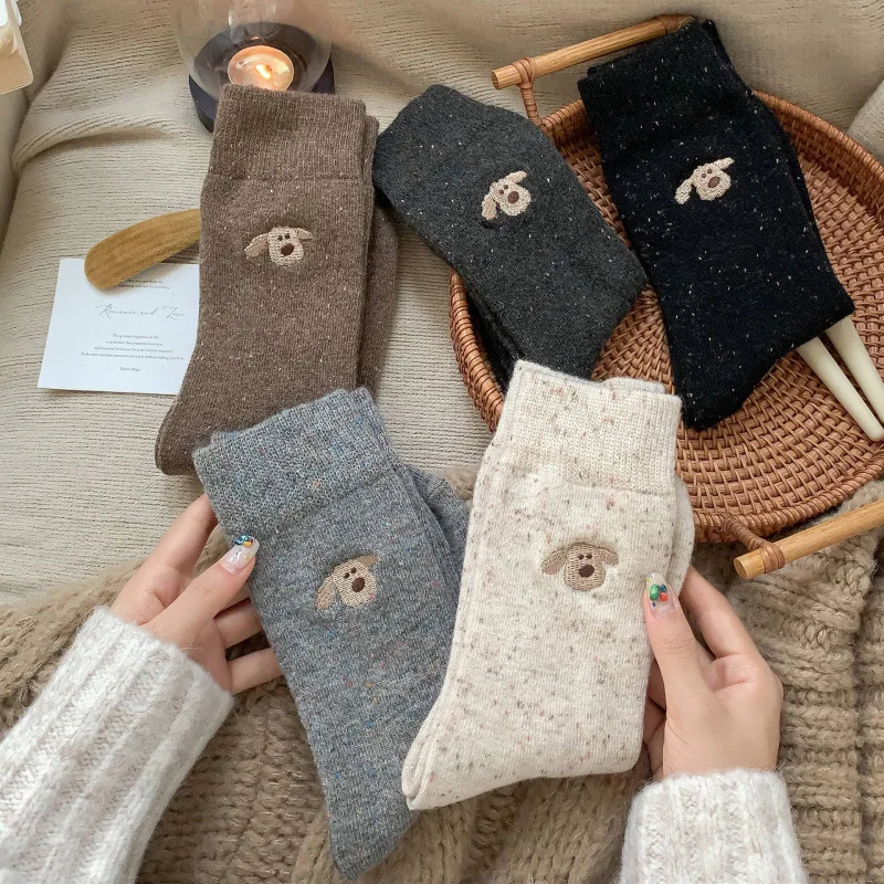 

5 Pairs Ladies' Socks Set Korean Cartoon Puppy Simple Casual Kawaii Sweet Cute Autumn Winter Thick Warm Socks For Girl Wholesale
