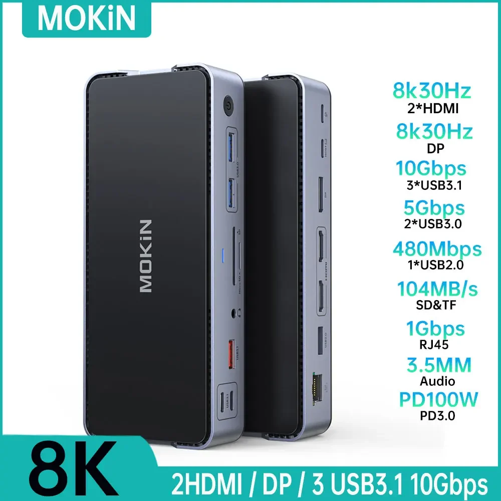 

MOKiN USB C Docking Station 2HDMI DP USB 3.1 10Gbps SD/TF RJ45 Audio PD 100W Adapter for Macbook Mac iPad Laptop 8K 30HZ usb hub