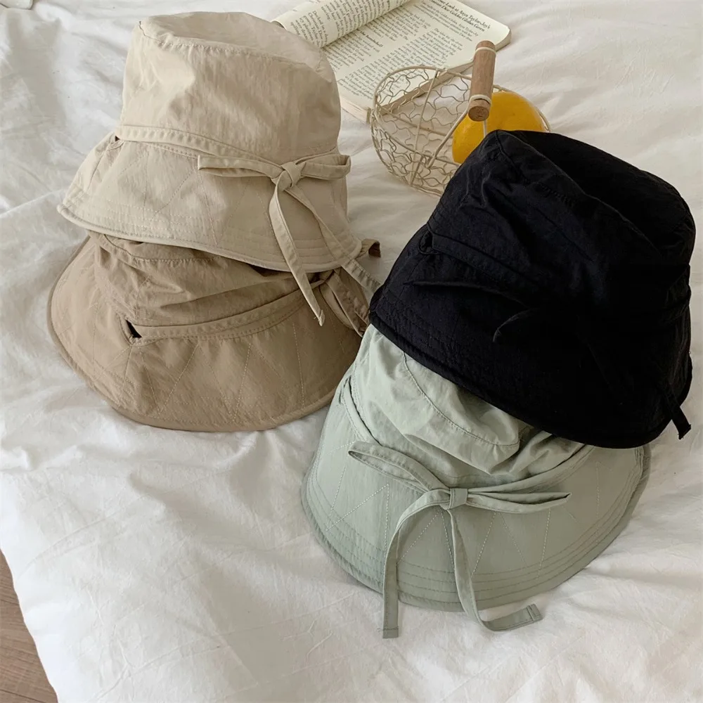 Ins Windbreak Rope Fisherman Hat Lace-up Thin Sunshade Basin Hat Solid Color Sunscreen Hat Outdoor