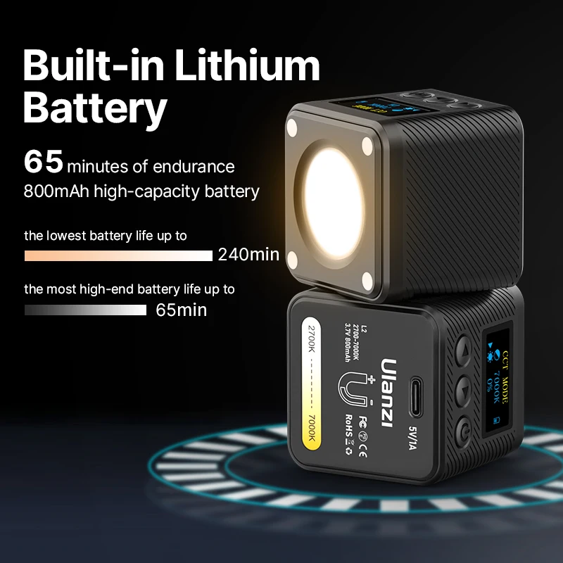 Ulanzi-Mini Luz de vídeo COB L2 bicolor, luz de cámara regulable 2700K-7000K con difusor de panal para Gopro DSLR, cámara y teléfono
