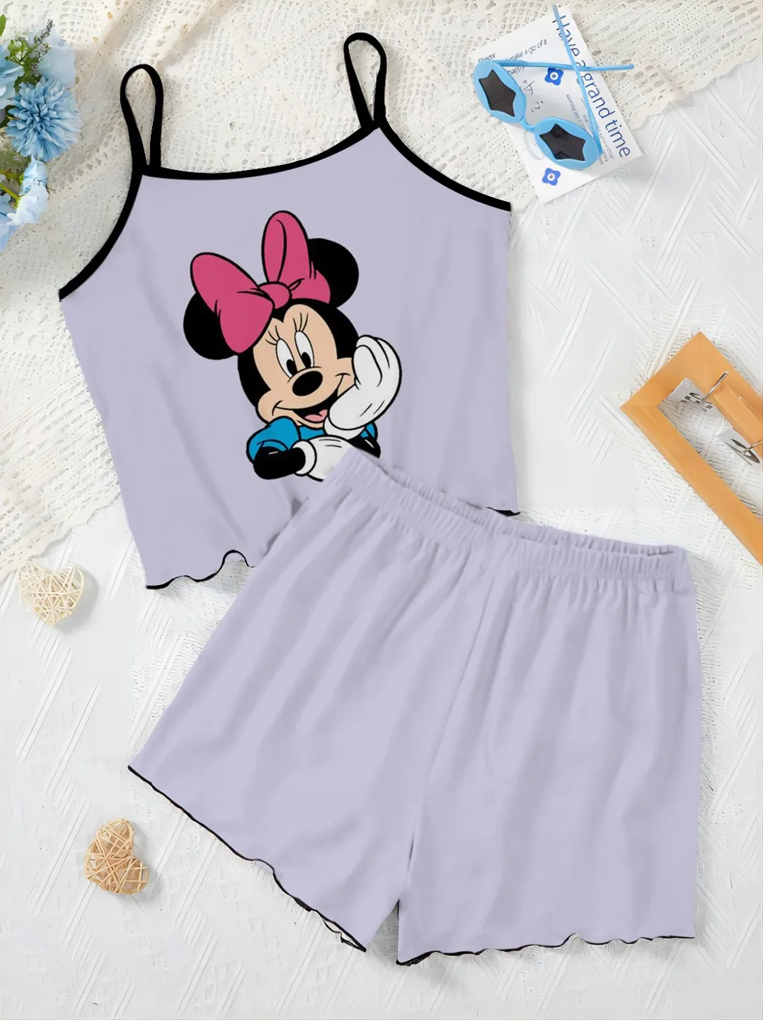 Slip Dress Short Sets for Women 2 Pieces Mickey Top Minnie Mouse Lettuce Trim Disney Pajama Skirt T-shirt Elegant Women's Suit