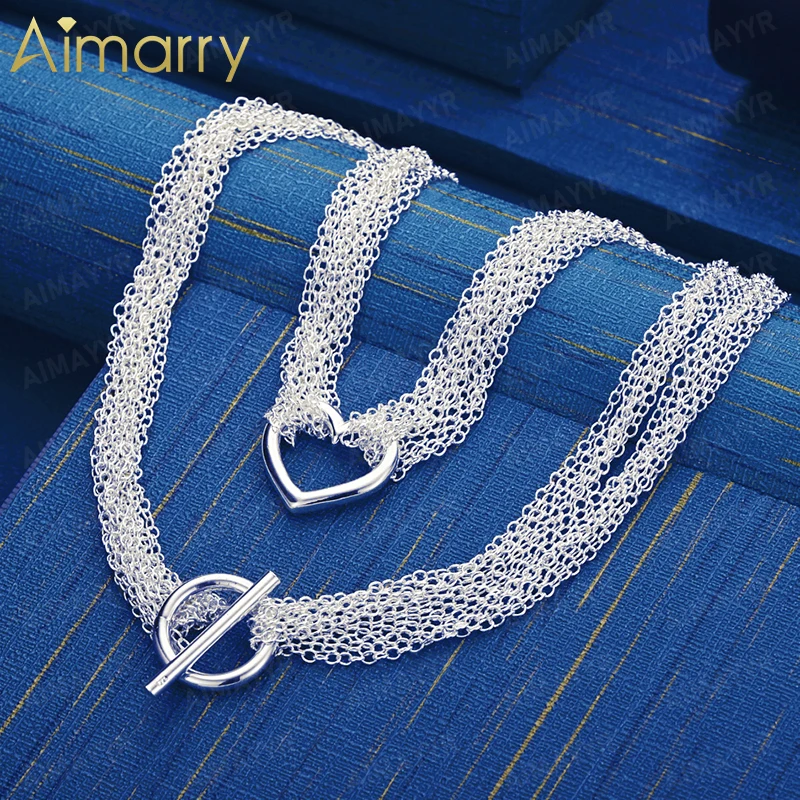 925 Sterling Silver Multi-layer Mesh Woven Love Necklace 18 Inch Women's Party Banquet Engagement Wedding Fashion Jewelry