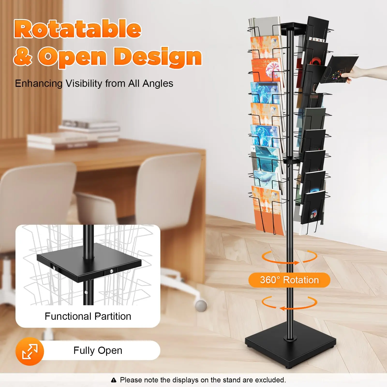 360° Rotating Magazine Rack, 36 Pockets Floor Standing Pamphlet Literature Organizer, Comic Book Brochure Display Stand