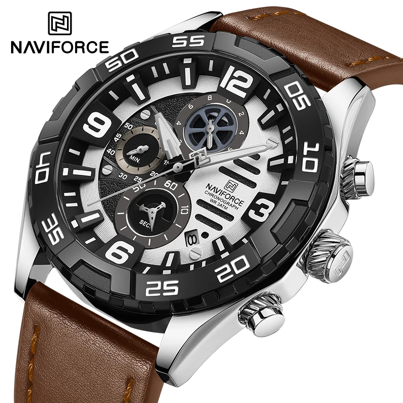 

Leisure Trend NAVIFORCE Man's Quartz Calendar Clock Leather 30m Water Resistant Sport Watches for Men Multifunction Chronograph