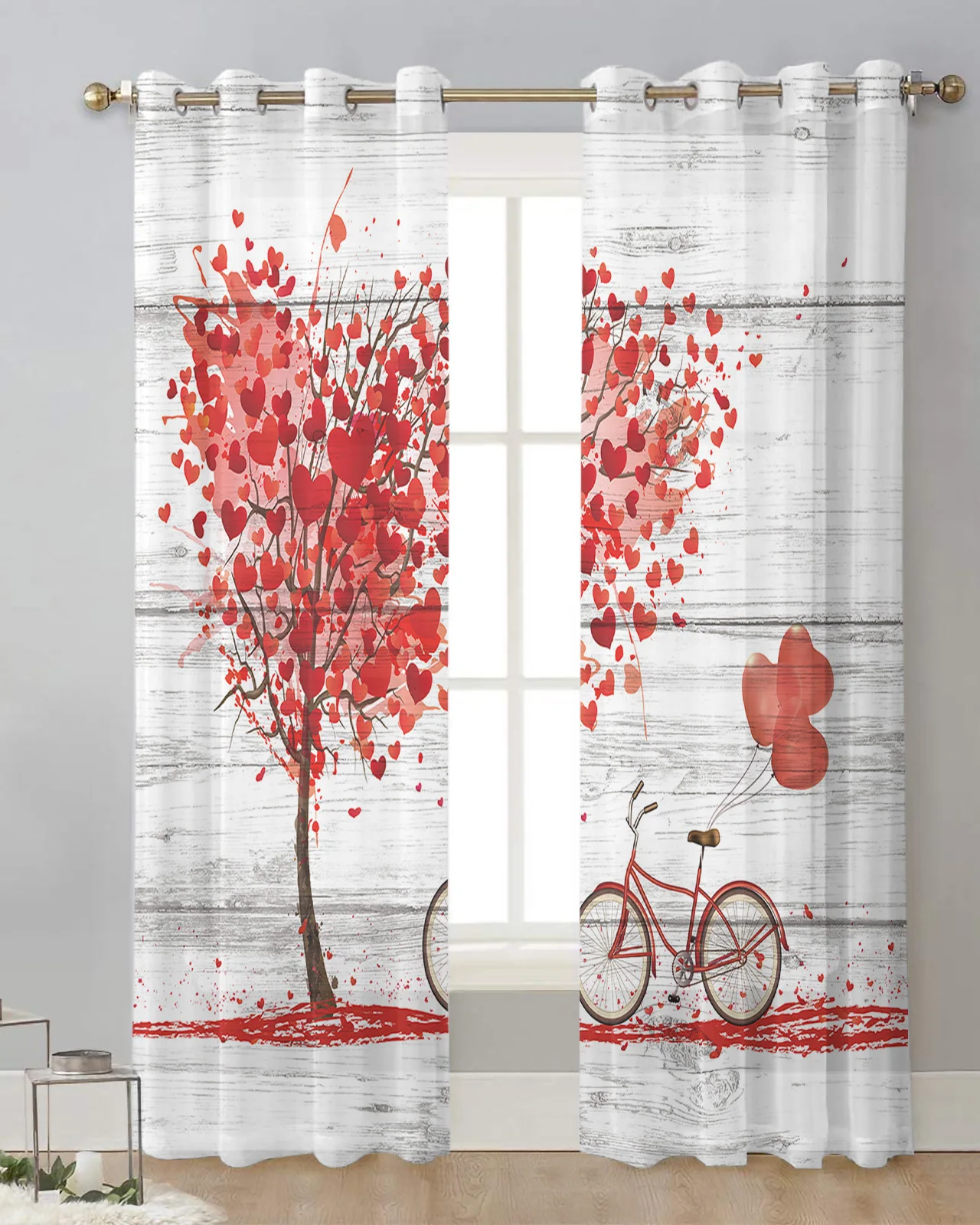 Love Tree Balloon Bicycle Wood Grain Sheer Curtains for Living Room Window Curtains for Kitchen Modern Tulle Voile Curtains