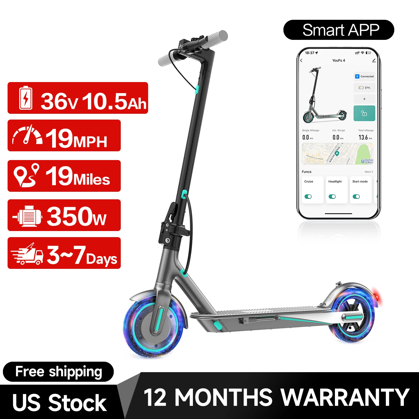 

Колеса V8 Электрический скутер дальнего действия 350 Вт Двигатель 8,5-дюймовые колеса 19 миль в час Максимальная скорость для городских путешествий