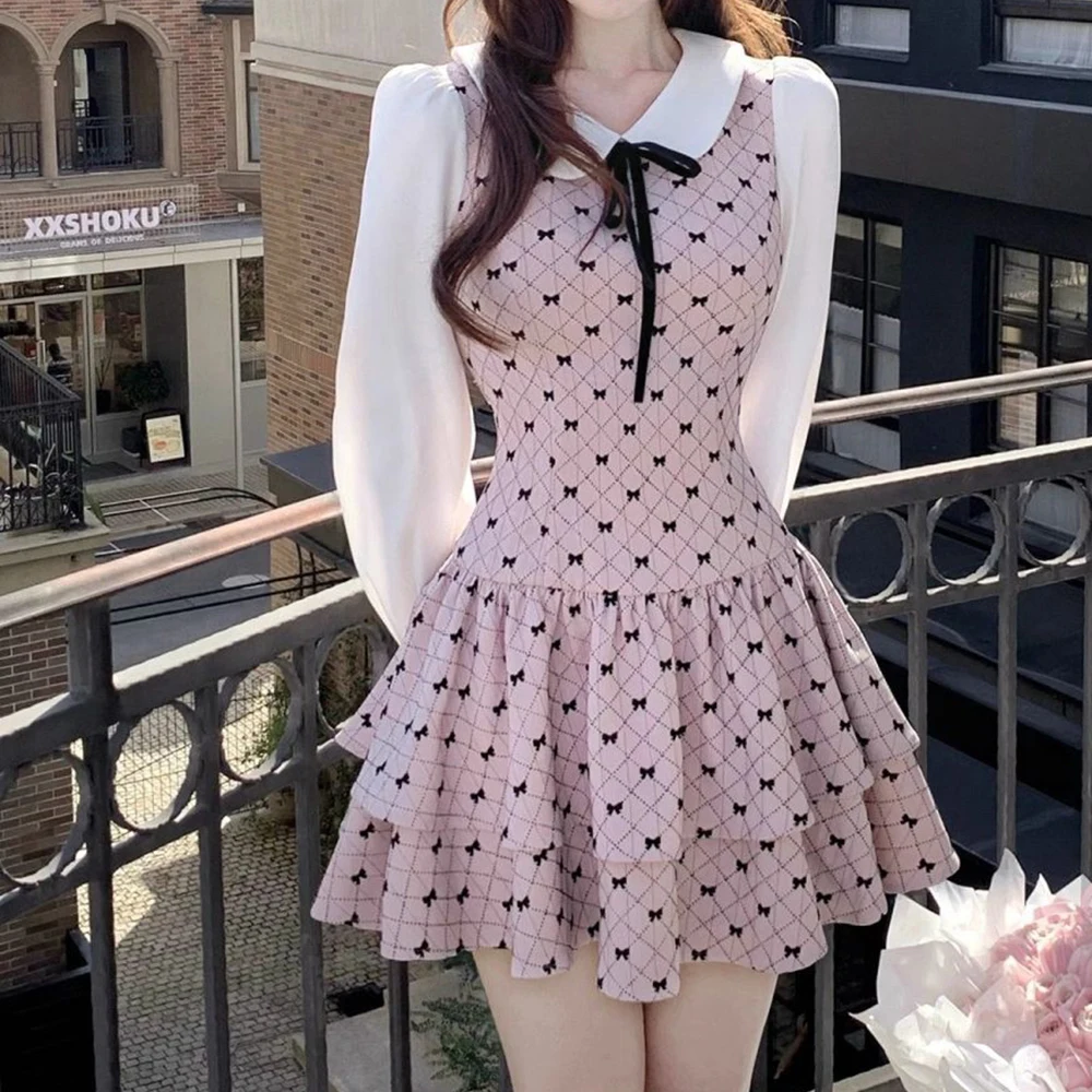 

Ballet girl's gift/sweet daughter pink splicing cake umbrella pendulum dress girl college fake two pieces