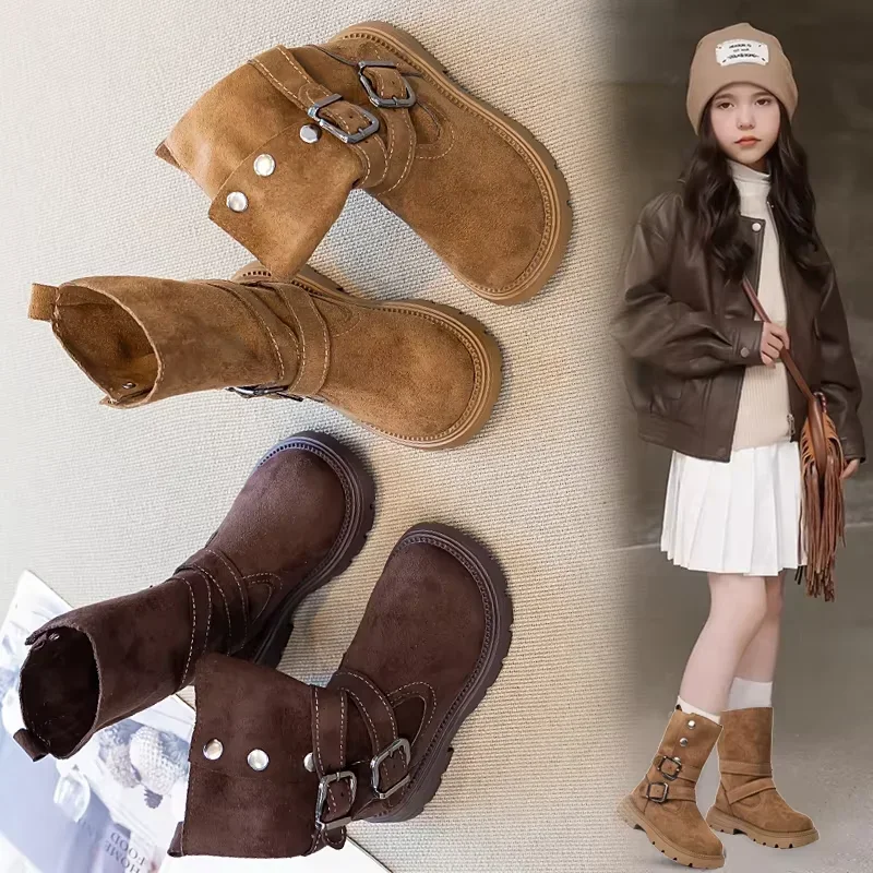2026 Fall New Style Girls' Retro Western Denim Mid-calf Boots Double Row Button Anti-slip Cowboy Boots Outdoor Style Long Boots