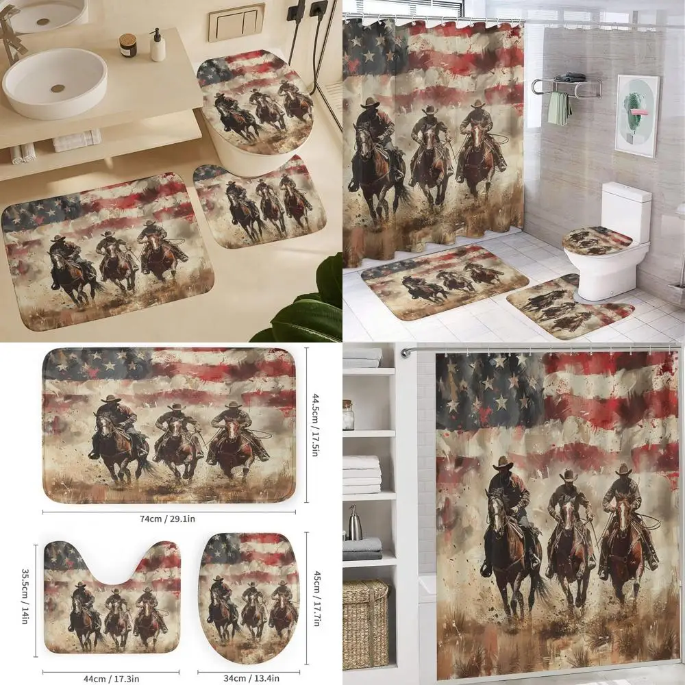 

4-Piece American Flag Cowboy Shower Curtain Set with Bath Rugs, Retro Native American Patriotic Bathroom Decor, 72x72 Inches