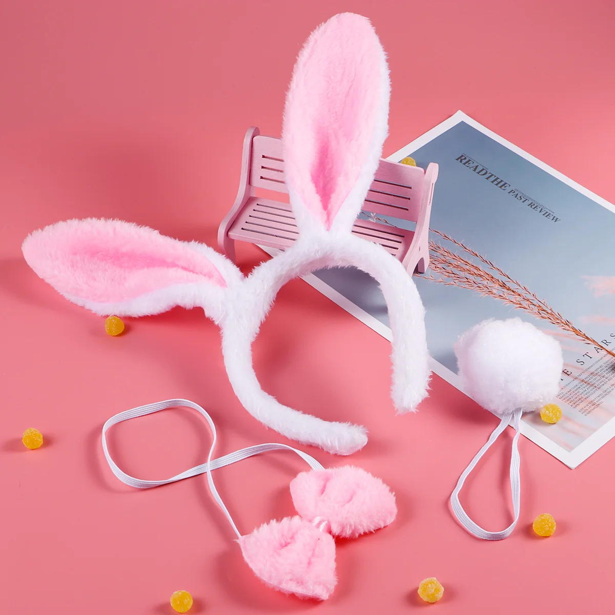 2 Set Costume Accessories Kit Rabbit Tail Band Girl Bow Tie Hair Hoop Ears Hairband