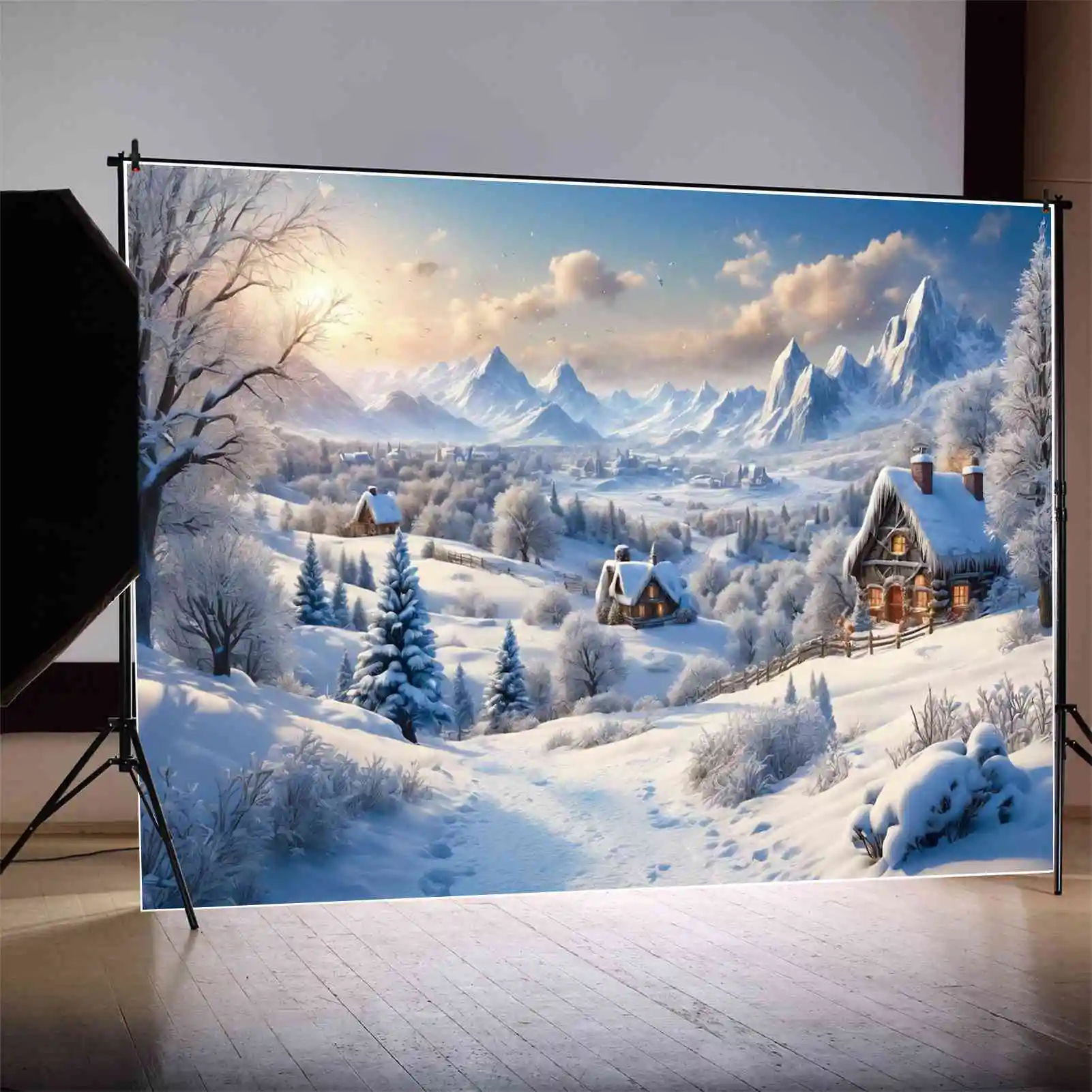 MOON.QG Backdrop Christmas Village Decorations Backgrounds for Photography Snow Winter Mountain Forest Home Hut Shooting Props