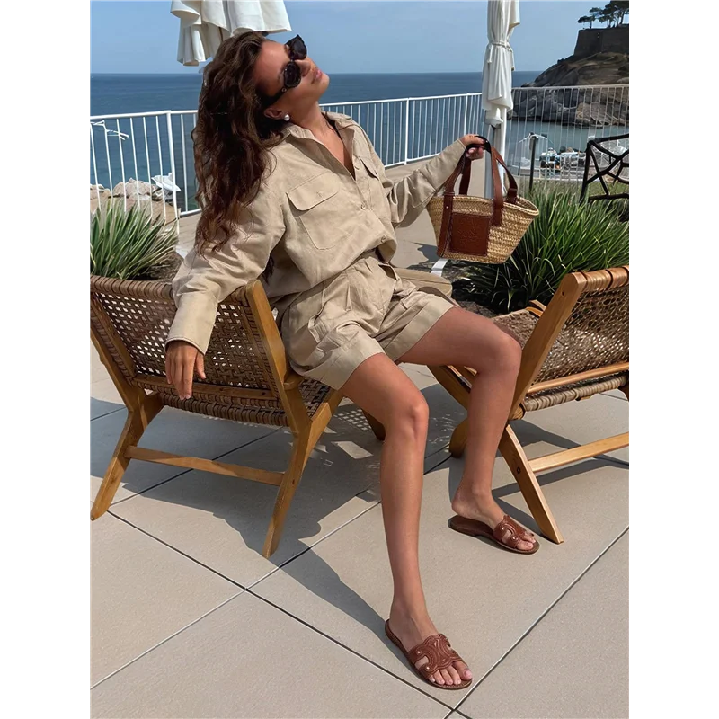 

ASDS-2 Piece Outfits For Women Button Down Short Sleeve Shirts Loungewear Summer Shorts Sets With Pockets Khaki L