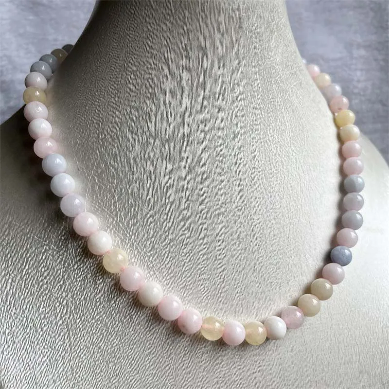 8MM Morganite Necklace Blue Pink Green Natural Stone Beads Jewelry Health Care Gemstone Protection Choker Healing Yoga Female