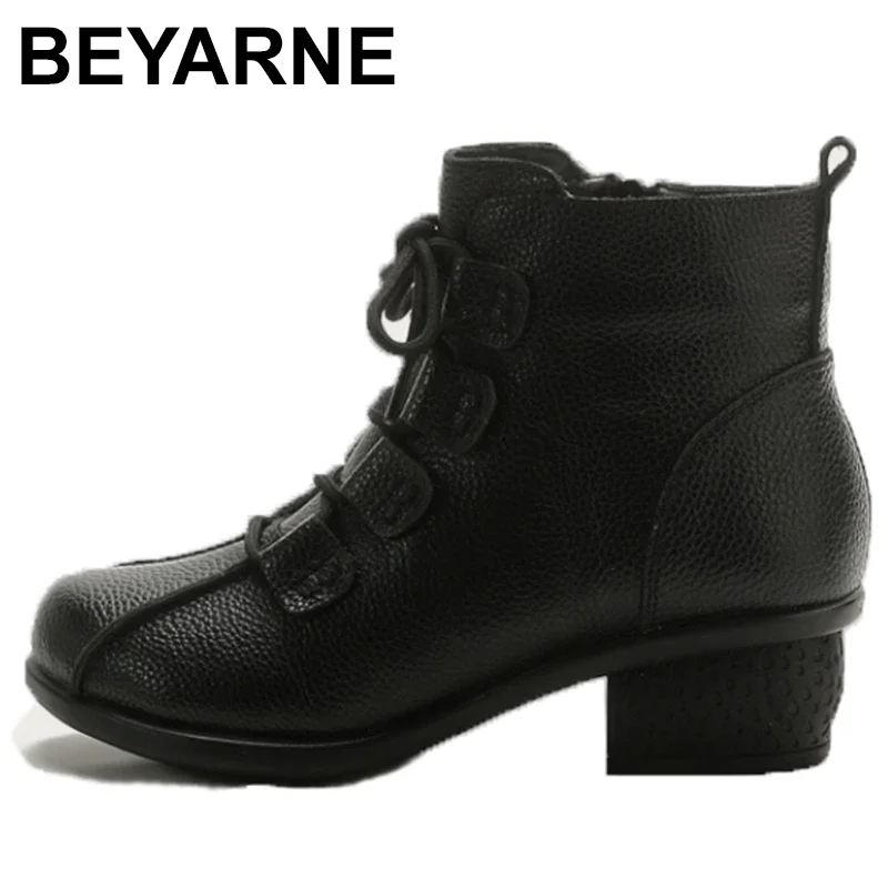 High Quality Lace Up Heeled Shoes Women\'s Boots Comfortable Ladies Genuine Leather Shoes Ankle Boots Big Size 42 Woman Booties