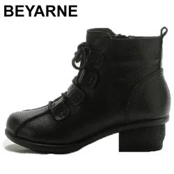 High Quality Lace Up Heeled Shoes Women's Boots Comfortable Ladies Genuine Leather Shoes Ankle Boots Big Size 42 Woman Booties