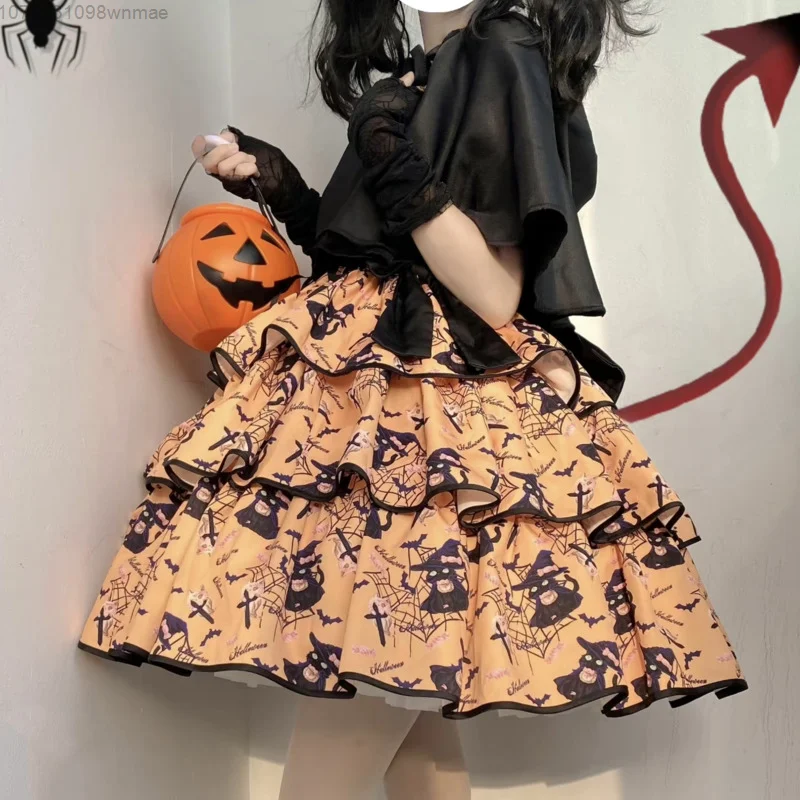 Halloween Pumpkin & Black Cat Pattern Dress for Women, Punk Party Dress Cute Lolita Dress Witch Cosplay Spaghetti Strap Dress