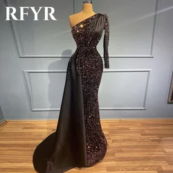 RFYR One Shoulder Woman Evening Dress Gown Sequin Glitter Ball Gown Mermaid Pleat Night Dress Gown robes de soirée Customized