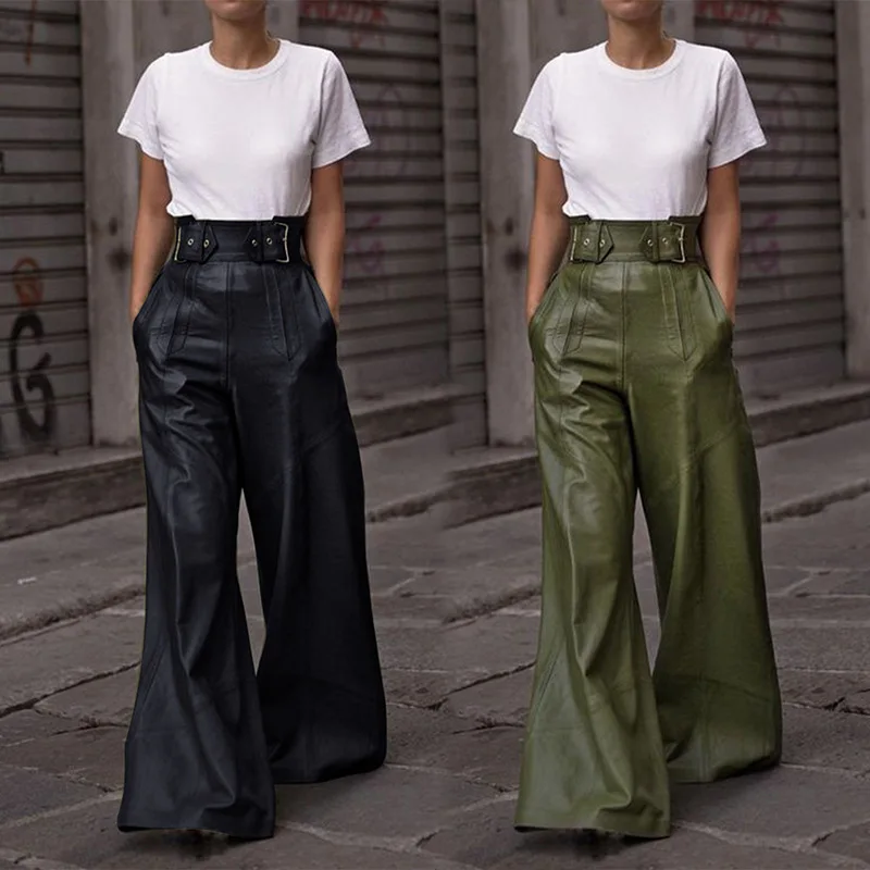 

Europe and the United States fashion women flared pants high waist metal buckle waist PU leather pants fashion casual pants