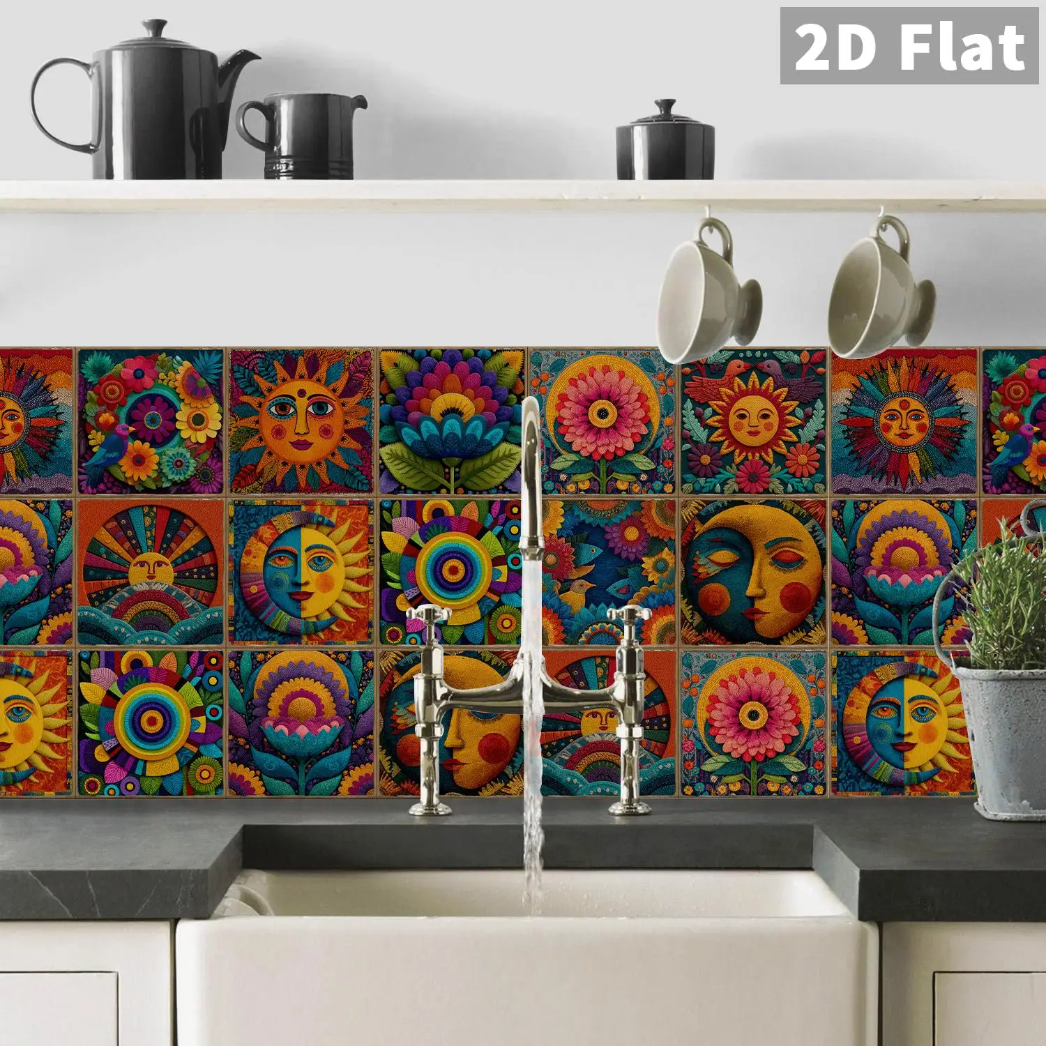 

Bohemian Sun Folk Art Ceramic Tile Stickers Bathroom Kitchen Living Room Bohemian Style Space Decoration Stickers
