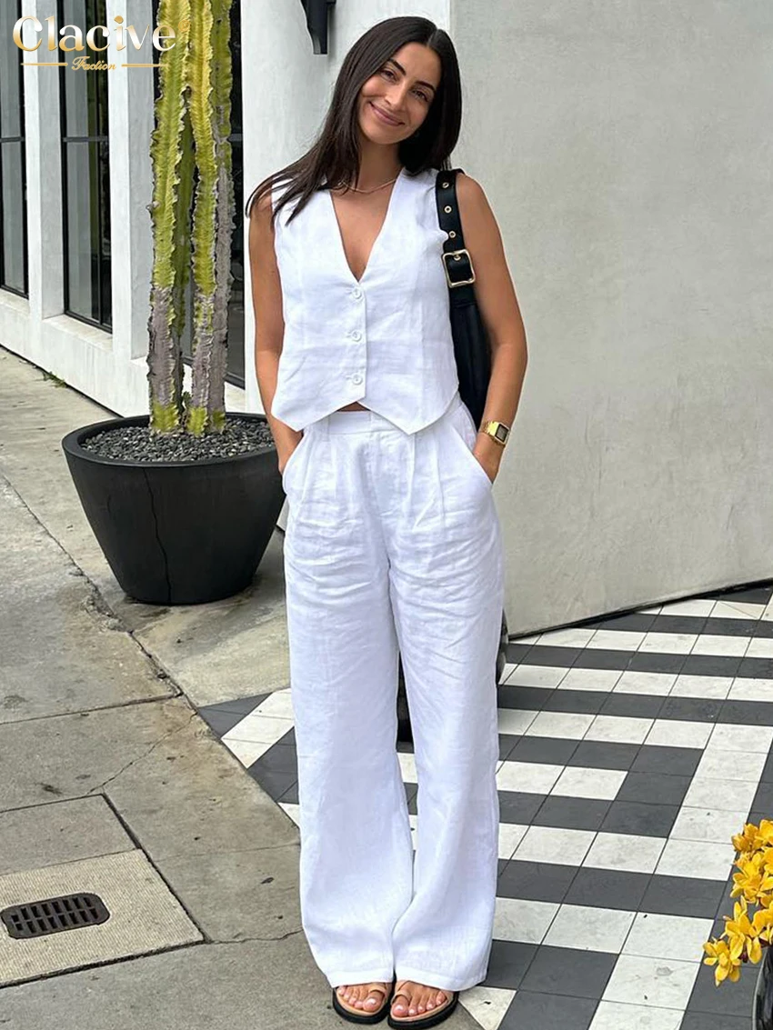 Clacive Summer White Linen Two Piece Set For Women 2024 Fashion Sleeveless Tank Top New In Matching High Waist Wide Pants Set